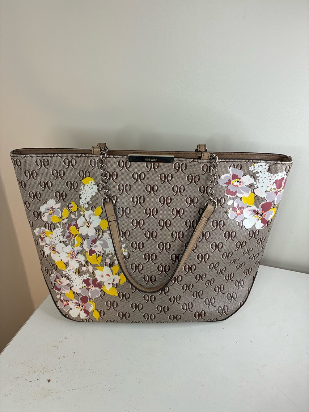 Nine West Vintage Monogram Taupe Logo Floral Large Tote Handbag